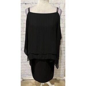 SLNY Women's Black Embellished Beaded Sleeve Tiered Capelet Shift Dress Size 14